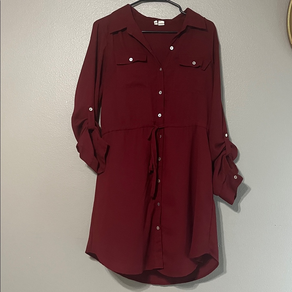 Chic Burgundy Shirt Dress with Pockets